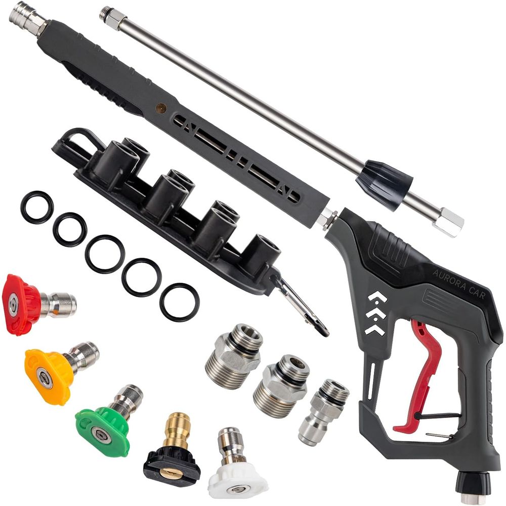 Power Washer Gun Replacement - スイベル付きウォッシャーガン、交換用延長ワンド | 5000PSI高圧洗浄機ガン、M22 14mm & 15mmフィッティング、3/8クイックコネクトプラグ