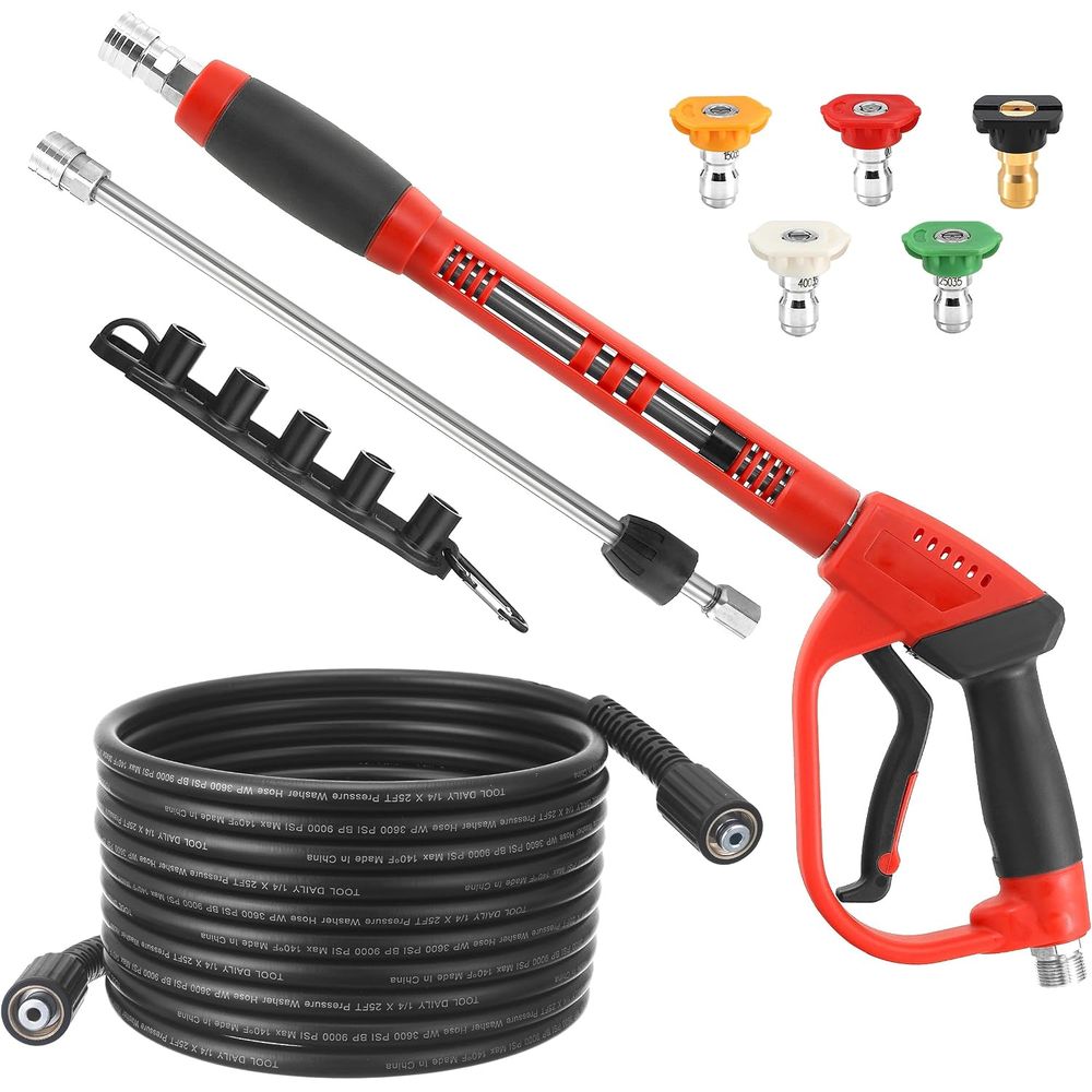 Power Washer Gun Replacement - ウォッシャーガンとホースキット、25フィートのパワーウォッシャーホース | M22-14フィッティング、交換用延長ワンド、ホルダー付きスプレーノズルチップ5個、3