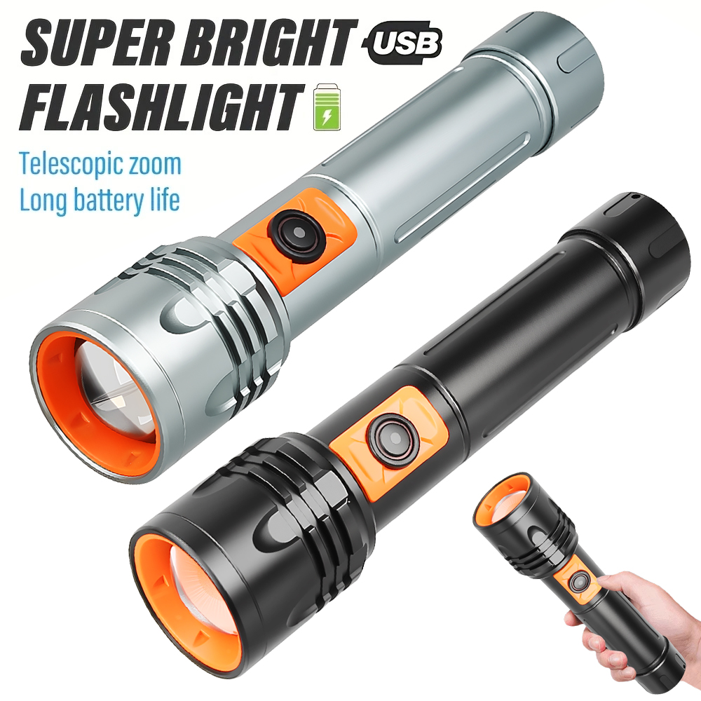 Outdoor Power For Lights - ハイパワー LED 懐中電灯 USB 充電式トーチ、伸縮ズーム付き超高輝度戦術ランタン、アウトドアキャンプ、釣り用