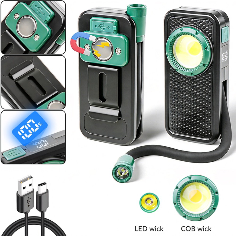 Outdoor Power For Lights - ペンクリップ付き新型マグネット式作業灯、曲げられるホース、USB充電式、デジタル電力表示、屋外検査用懐中電灯