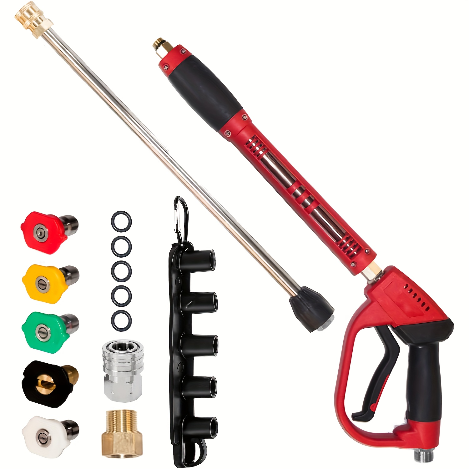 Power Washer Gun Replacement - 高圧洗浄機ガン、交換用延長ワンド付き赤色ハイパワーウォッシャーガン、5つのノズルチップ、M22継手、40インチ、5000 PSI