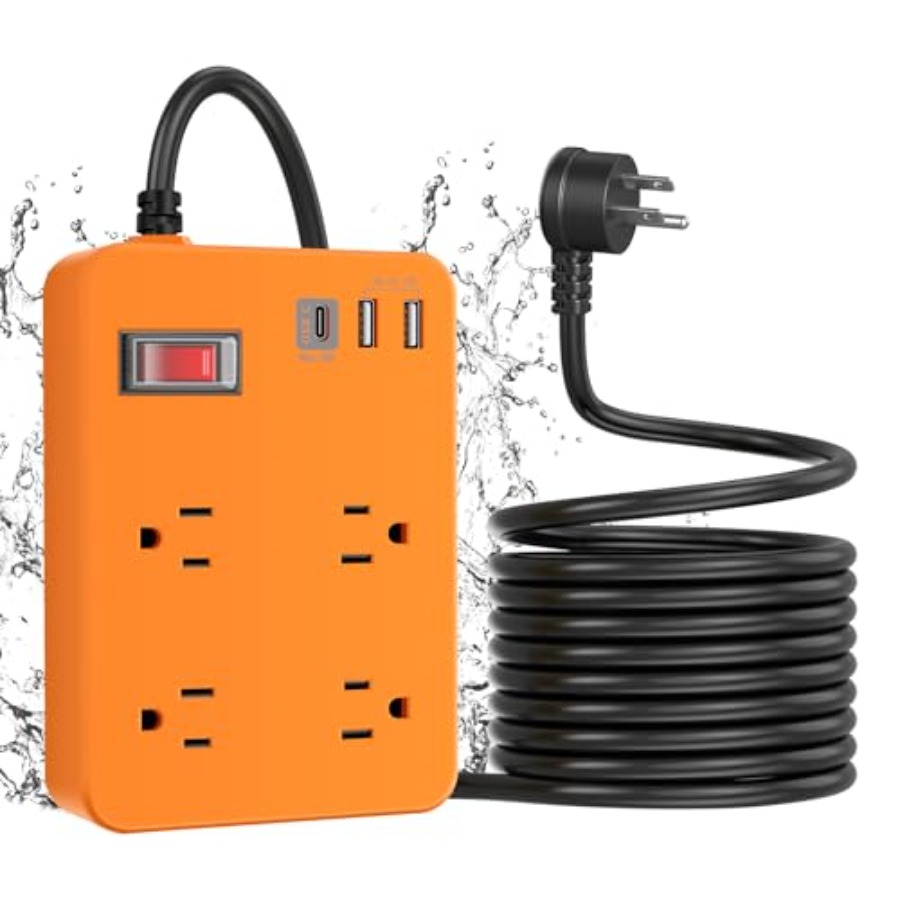 Outdoor Usb Power Strip - キャンプ、庭、キッチン、バスルーム用の屋外電源タップ：耐候性フラットプラグ、4口コンセント+20W USB-C、防水サージプロテクター