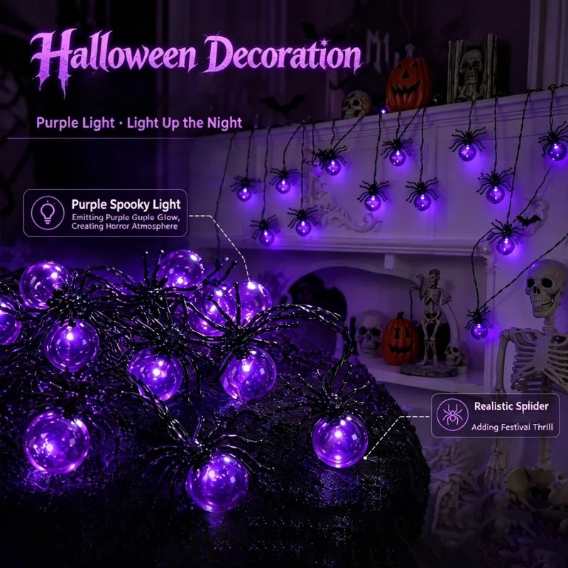 電池式スパイダーLEDストリングライト、ハロウィン屋外装飾、 - Outdoor Power For Lights のレビューと価格