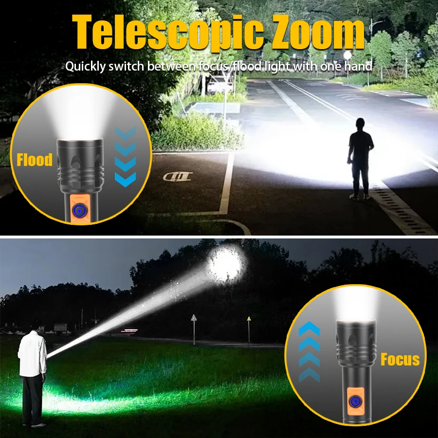 ハイパワー LED 懐中電灯 USB 充電式トーチ、伸縮ズー - Outdoor Power For Lights のレビューと価格